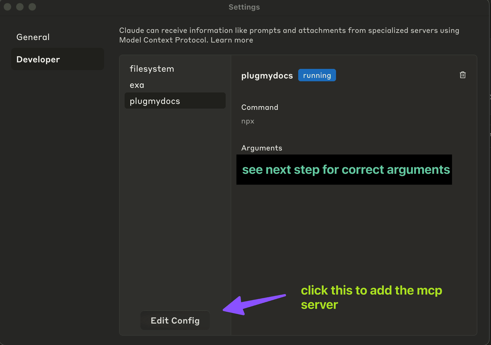 Claude Desktop Developer Settings showing Edit Config button