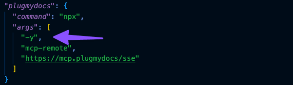 Cursor MCP configuration adjustment showing -y argument